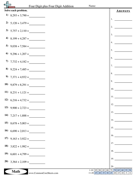Addition Worksheets - 4 Digit Plus 4 Digit (horizontal) worksheet